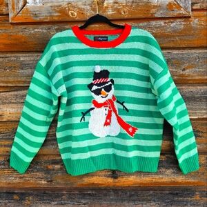 33 Degrees Green & Red Soft Oversized Christmas Sweater Snowman Striped 3D